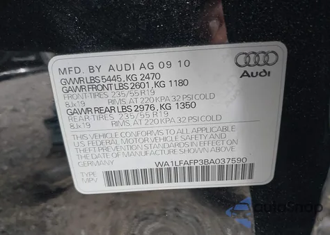 2011 Audi Q5 2.0T Premium from USA, damaged, VIN WA1LFAFP3BA037590